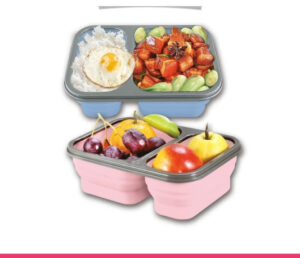 2 Compartments Foldable Silicon Bento Box With Fork