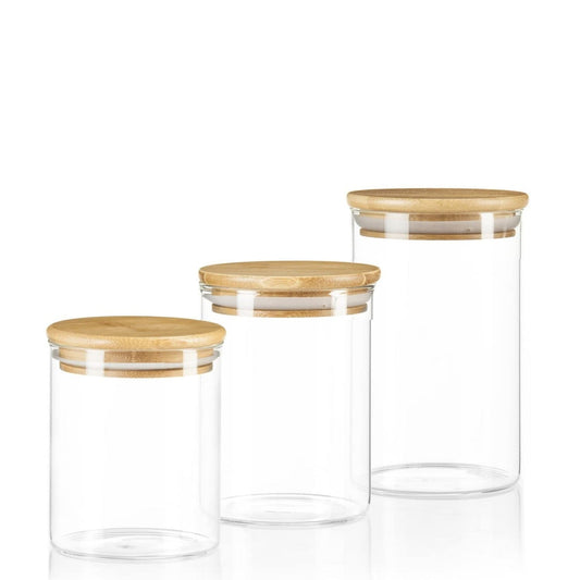 Set of 3 - Kitchen Glass Jars With Wooden Bamboo Lids
