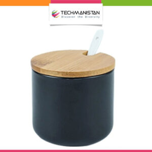 Ceramic Sugar Pot with Ceramic Spoon & Wooden Lid