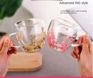 Set of 6 - Mini Double Wall Glass Mug with Dry Flowers Inside