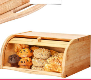 Bamboo Wooden Bread Box -- Roll-Top Kitchen Storage Box