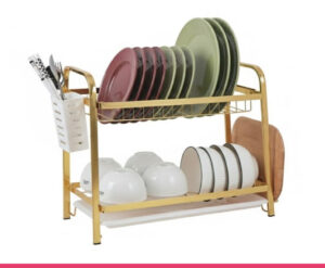 2-Tier Gold Dish Drying Rack with Utensil Holder & Drain Tray