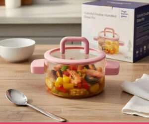 Heat Resistant Clear Glass Pot with Lid & Fire Proof Handles