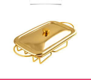 Rectangular Buffet Food Warmer Serving Glass Dish with Golden Lid - 2 Liters