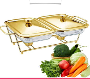 2 Grid Buffet Food Warmer Glass Serving Dish with Golden Lid