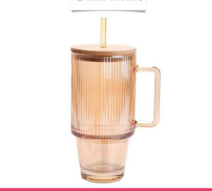 Ribbed Glass Tumbler with Handle, Straw & Bamboo Lid