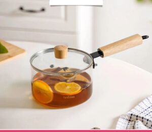 Glass Pot With Long Wooden Handle & Glass Lid