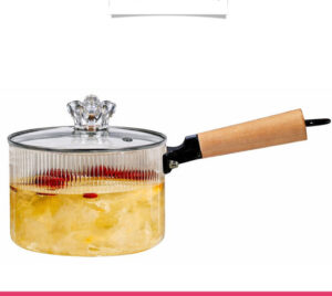 Stripped Glass Pot With Long Wooden Handle & Glass Lid