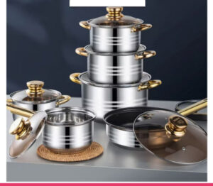 12-Piece Classic Stainless Steel Golden Handles Cookware Set
