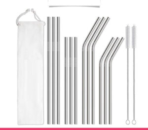 Set of 12 Stainless Steel Straws with 2 Cleaning Brushes