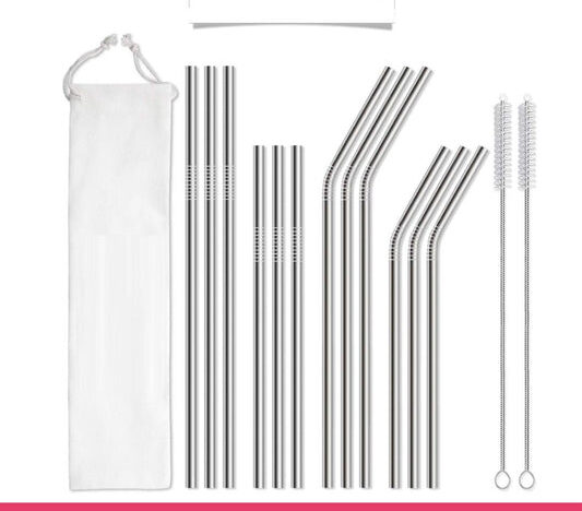 Set of 12 Stainless Steel Straws with 2 Cleaning Brushes