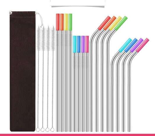Set of 16 Stainless Steel Straws with Cleaning Brushes