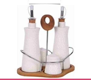 Set of 4 - Condiment Set with Wooden Base