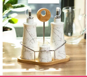 Set of 4 - Condiment Set with Wooden Base